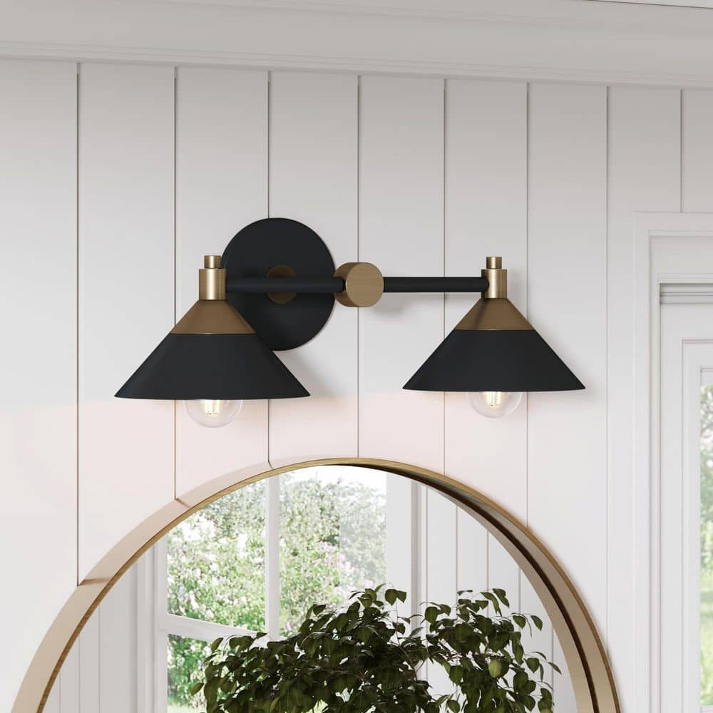 2-Light Metal Vintage Brass Vanity Light Black - Nathan James: Wall Mounted, Hardwired Fixture