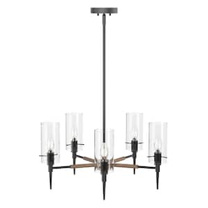 Modern 22.67 in. 5-Light Black Kitchen Island Chandelier Farmhouse Hanging Light with Clear Glass Shades