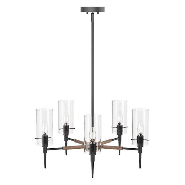 Modern 22.67 in. 5-Light Black Kitchen Island Chandelier Farmhouse Hanging Light with Clear Glass Shades