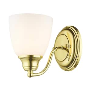 Beaumont 5.375 in. 1-Light Polished Brass Wall Sconce with Satin Opal White Glass