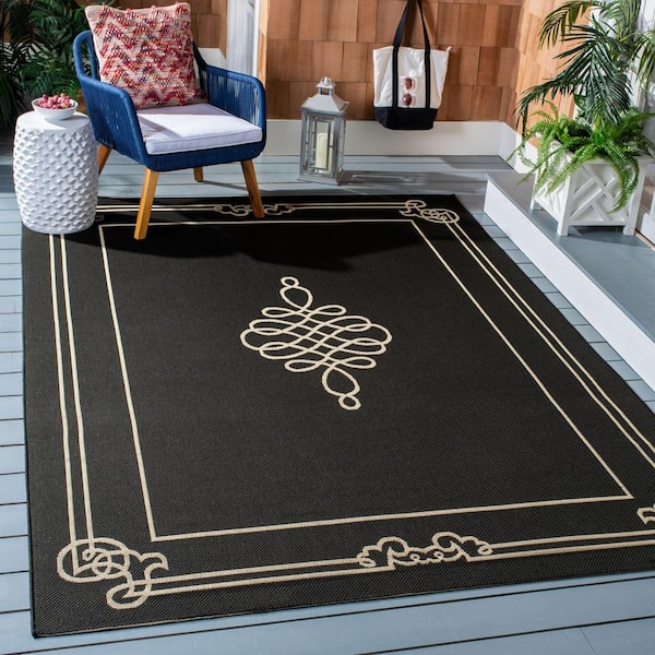 Courtyard Black/Creme 8 ft. x 10 ft. Ornate Border Medallion Indoor/Outdoor Area Rug