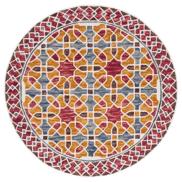 Aspen 5 ft. x 5 ft. Red/Yellow Geometric Border Round Area Rug