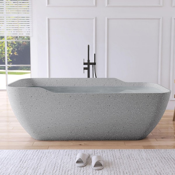71 in. x 31.5 in. Terrazzo Stone Solid Surface Flatbottom Freestanding Soaking Bathtub in Gray (Outdoor-Compatible)