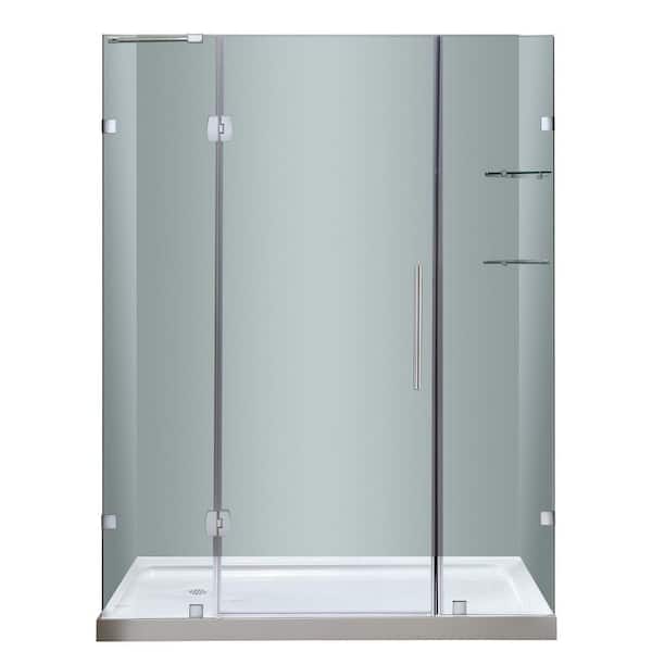 Aston Soleil 60 in. x 77-1/2 in. Completely Frameless Hinge Shower Door in Stainless Steel with Glass Shelves and Left Base