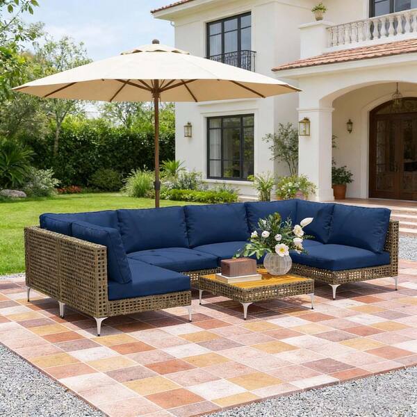 Sudzendf 7-Piece Brown Wicker Outdoor Dining Set for Garden