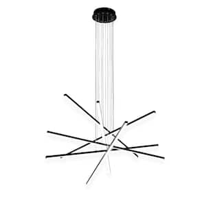 6-Light Integrated LED Matte Black Modern Linear Chandelier with Remote Controller Dimming