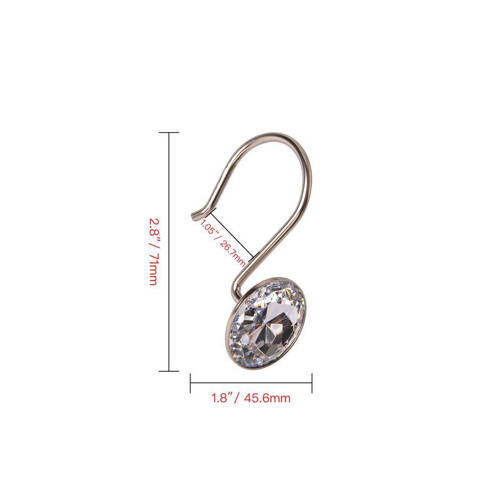 Brushed Nickel Crystal Design Shower Curtain Hooks Set of 12