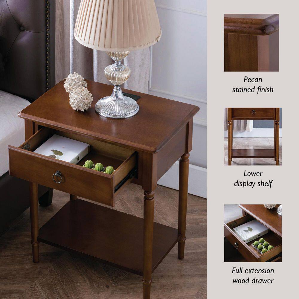 Pecan Brown Solid Wood Coastal Side Table with USB-C Fast Charging Station