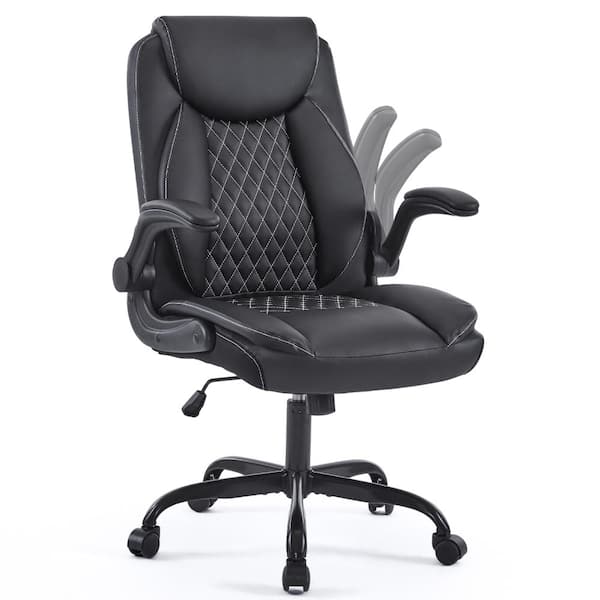 Faux Leather High Back Office Chair Swivel Desk Chair in Black with Flip-Up Armrests and Adjustable Rocking