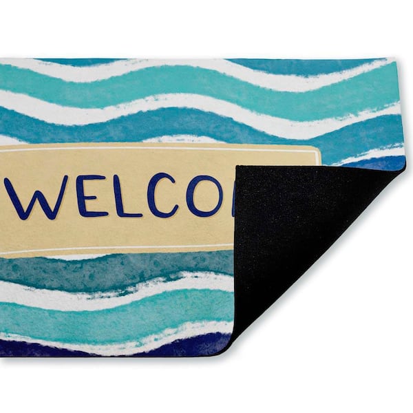 Coastal Waves Welcome Blue 18 in. x 30 in. Polyester Non-Slip Outdoor Door Mat