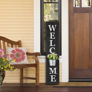 Wooden Black Welcome Porch Sign with Metal Planter