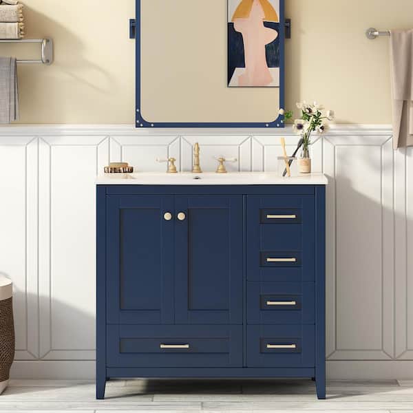 36 in. W Single Sink Freestanding Bath Vanity in Blue with White Resin Top and 4-Drawers