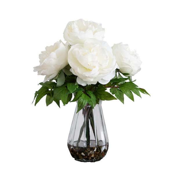 Nearly Natural 16 in. Artificial Peony Arrangement in Glass Vase