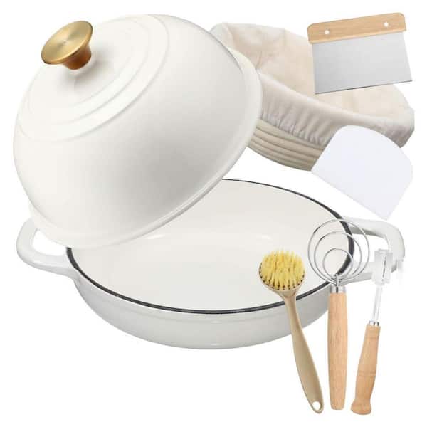 5 qt. Enameled Cast Iron Dutch Oven Round Shape in White with Lid for Sourdough Baking and Roasting 8-Pieces Set