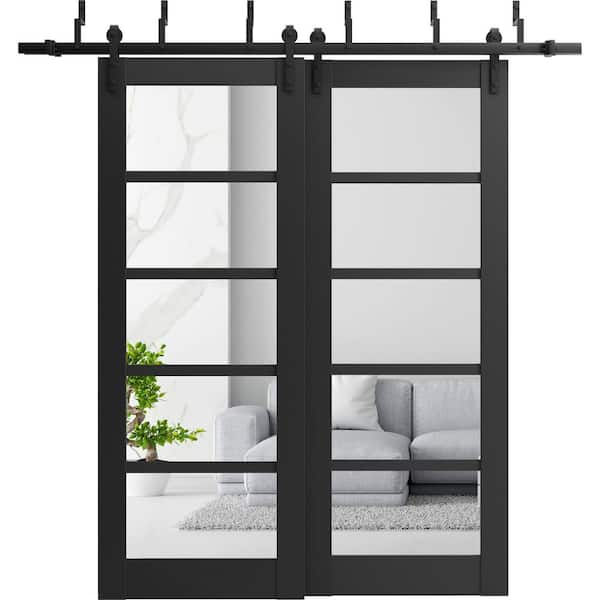 64 in. x 84 in. 2 Panel Clear Glass Black Matte Wood Sliding Barn Door with Hardware Kit