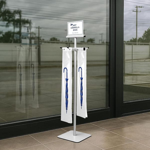 Wet Umbrella Stand Silver Metal with 210 Long Plastic Bags Dual-Sided Design Space-Saving and Sign Holder