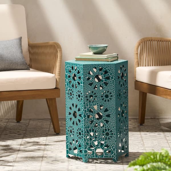 Harper & Bright Designs Hexagonal Prism Teal Iron Outdoor Side Table with Sunburst Cut Out Design, No Assembly Required