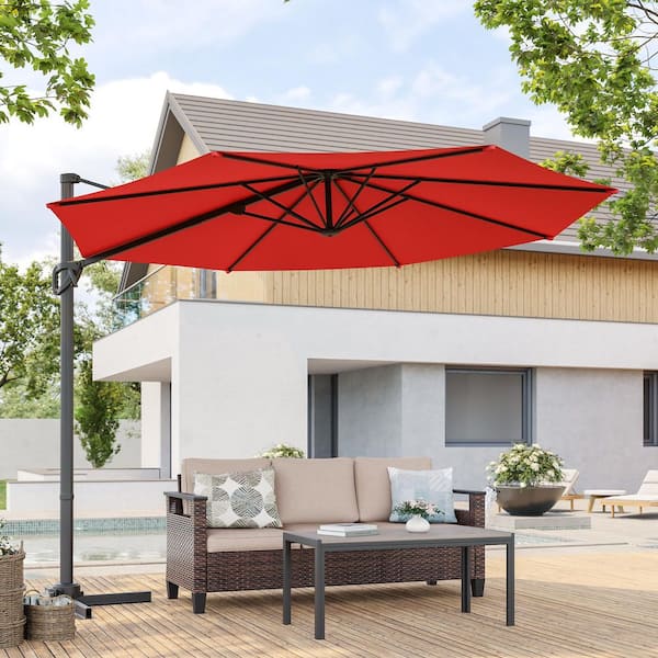 10 ft. Round 360-Degree Rotation Cantilever Offset Outdoor Patio Umbrella in Red