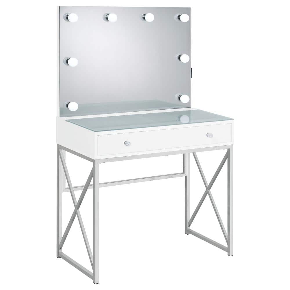 White and Chrome Vanity Set with Lighted Mirror and Bench
