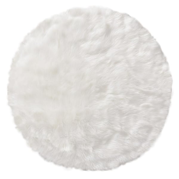 GHOUSE Silky Faux Fur Sheepskin Shag White 3 ft. x 3 ft. Round Sheepskin Area Rug