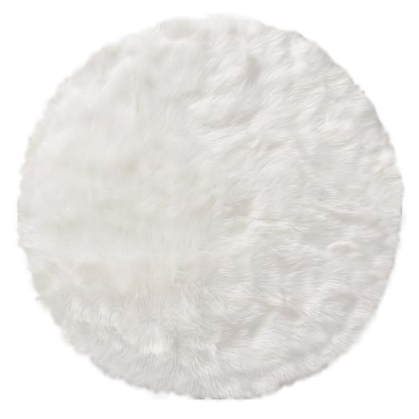 GHOUSE Silky Faux Fur Sheepskin Shag White 6.6 ft. x 6.6 ft. Round Fluffy Fuzzy Area Rug