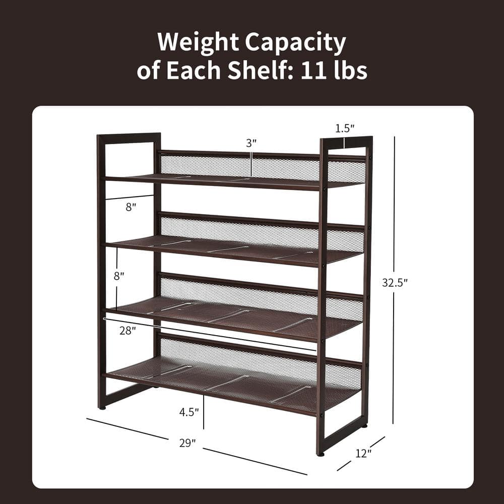 Brown 4-Tier Adjustable Metal Shoe Rack Organizer