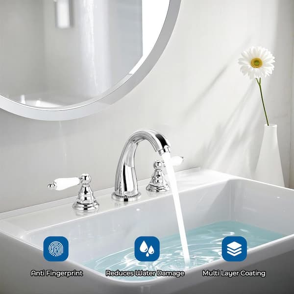 Double Handles 8 in. Widespread Bathroom Faucet 3-Hole Sink Faucet with Pop-Up Drain in Polished Chrome
