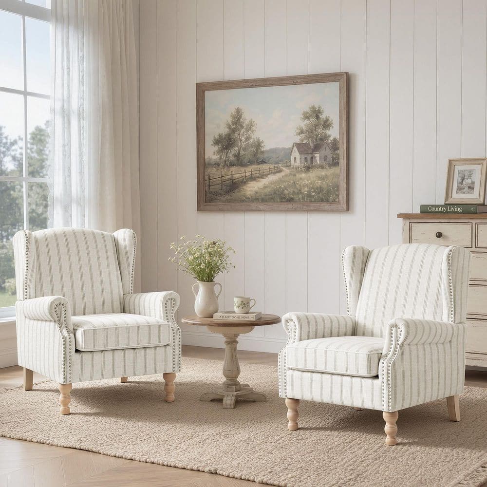 Light Gray Striped Linen Wingback Chair Set of 2 with Nailhead Trim and Wooden Legs for Living Room Bedroom price history on PriceWatchPro
