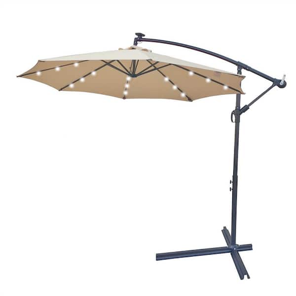 Afoxsos 10 ft. Steel Market Solar Powered LED Lighted Patio Umbrella with Crank and Cross Base in Tan