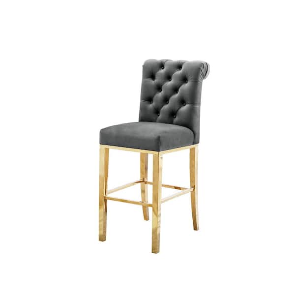 Best Quality Furniture Dixie 29 in. H Upholstered Dark Gray Velvet Full Back Metal Frame Barstool With Gold Stainless Steel Legs (Set of 2)
