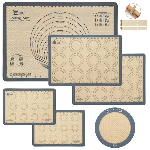 Numhew 6-Piece Gray Silicone Baking Mat Set, Non-Stick Reusable Pizza Bakeware Mat for Making Macaroon, Pizza, Cookie and More