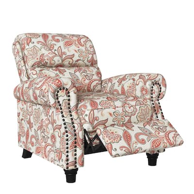 Rose Red Multi-Floral Pushback Recliner with Bronze Nailhead Trim