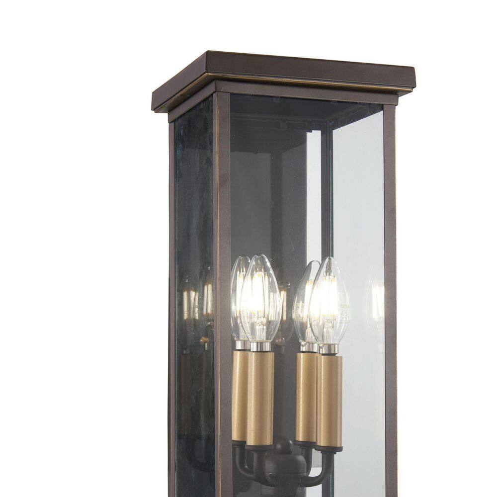 Elegant 4-Light Bronze Wall Lantern with Clear Glass and Gold Highlights