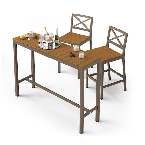 LUE BONA Humphrey 5 Piece 55 in. Teak Aluminum Outdoor Patio Dining Set Serving Bar Set HDPS Top With Armless Bar Chairs Indoor