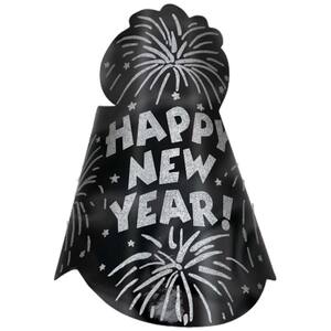 New Year's 9 in. Black Glitter Cone Hat (12-Pack)