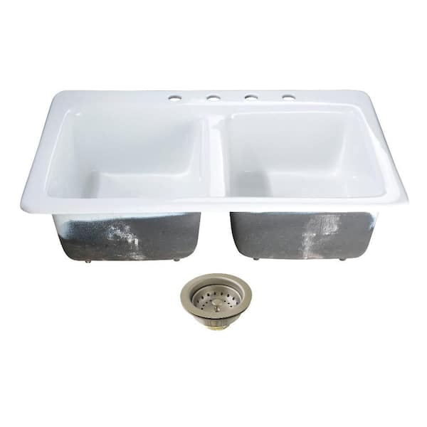 Petra Galley 33 in. Drop-In 50/50 Double Bowl Cast Iron Kitchen Sink with Basket Strainer