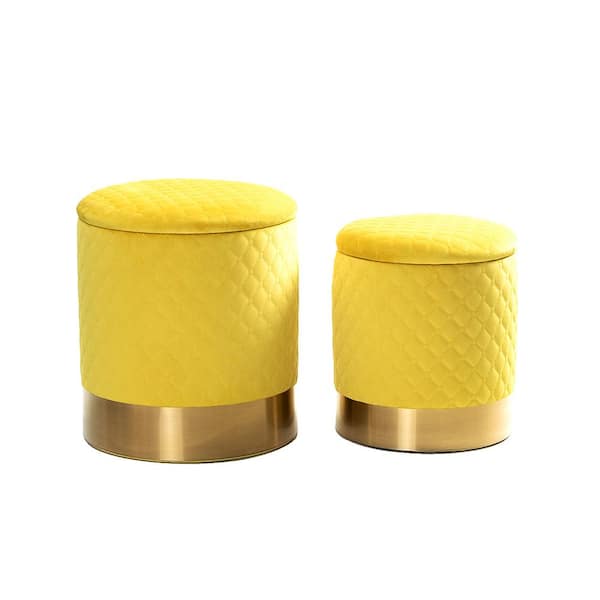 JAYDEN CREATION Aloisa Yellow Geometric Quilted Velvet Storage Ottoman Set of 2 Piece with Gold Base 16.9"Wx16.9"DX18.5"H