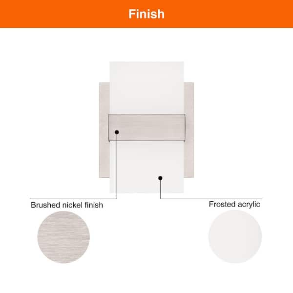 5 in. 2-Light Brushed Nickel LED 5CCT Wall Sconce with Frosted Acrylic Shade