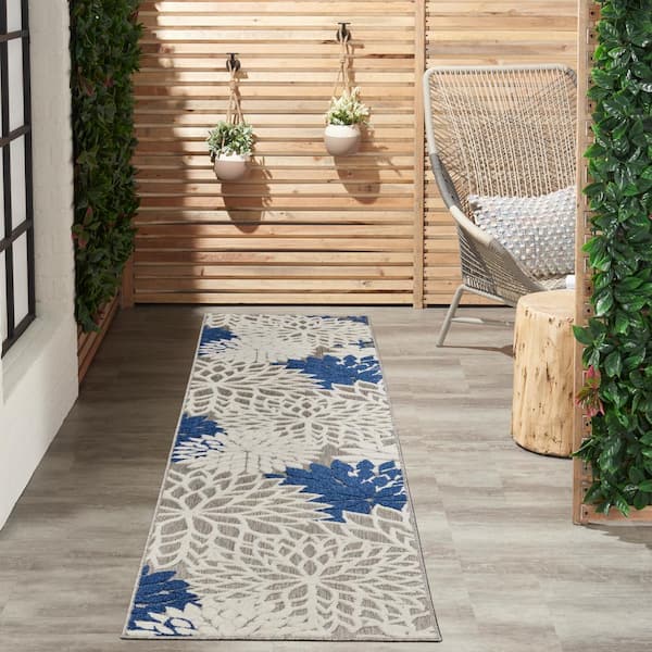 Aloha Ivory/Navy 2 ft. x 12 ft. Kitchen Runner Floral Modern Indoor/Outdoor Patio Area Rug