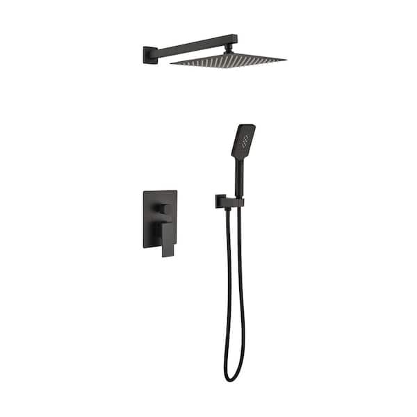 Brass Matte Black Faucet 1 Jet Shower System 10 in. Rainfall Shower Head with Rough-in Valve Included in Black