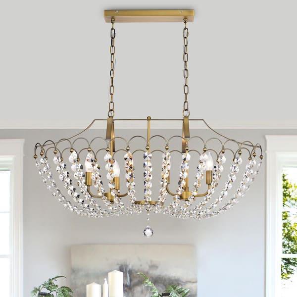 Edvivi Eloise 6-Light Vintage Brass Finish Glam Modern Kitchen Island Chandelier with Crystal Strands