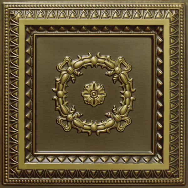 Dundee Deco Falkirk Perth Antique Brass 2 ft. x 2 ft. Decorative Rustic Glue Up or Lay In Ceiling Tile (4 sq. ft./case)