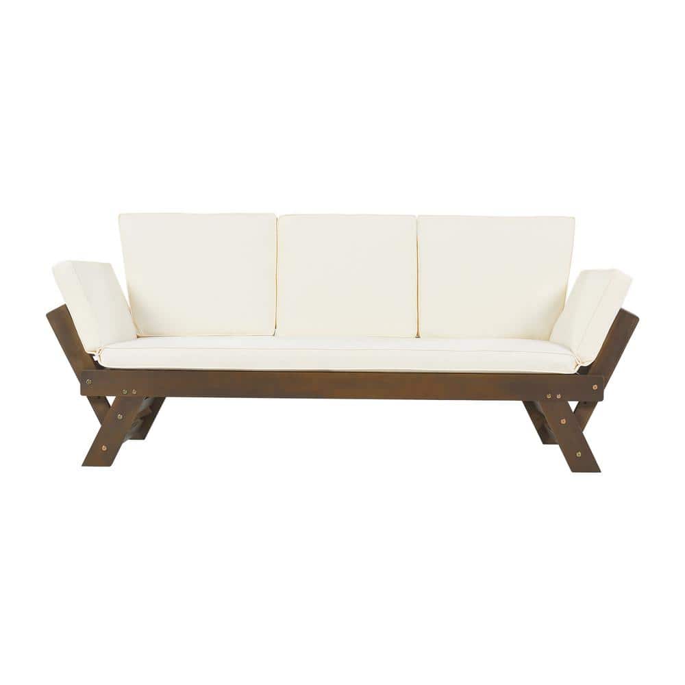 Brown Wood Adjustable Outdoor Loveseat Day Bed Sofa Patio Chaise Lounge with Beige Cushions for Patio, Garden, Backyard price history on PriceWatchPro