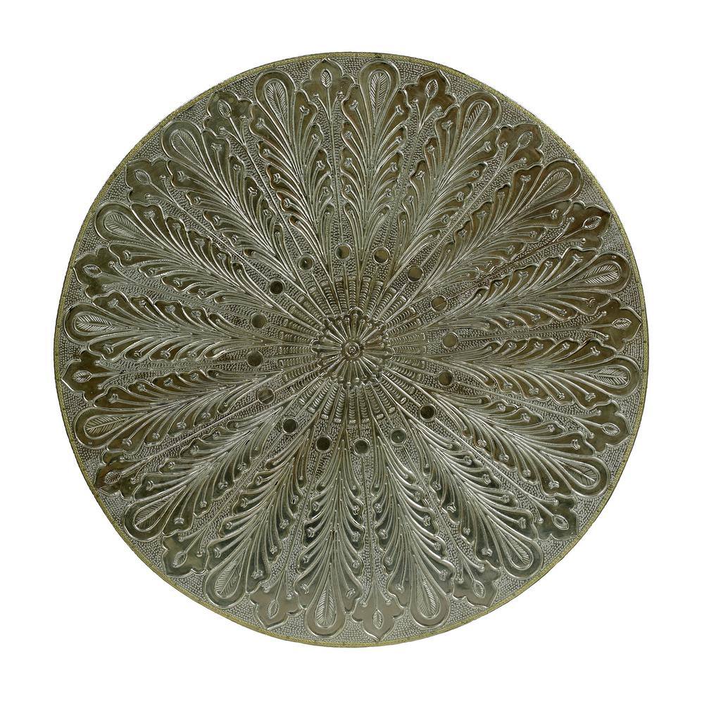 Silver Round Metal End Table with Floral Engravings
