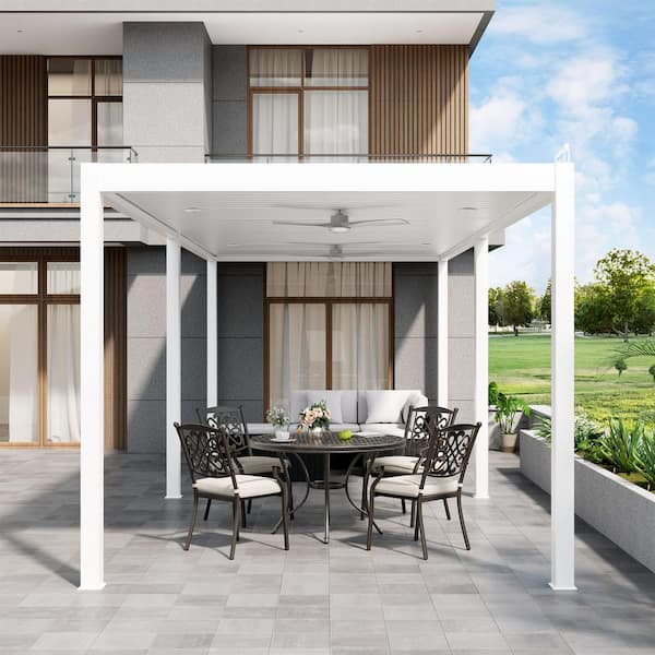 10 ft. x 26 ft. Ivory Aluminum Patio Pergola with Built-In Solar Panel, Ceiling Fan and Round LED Light