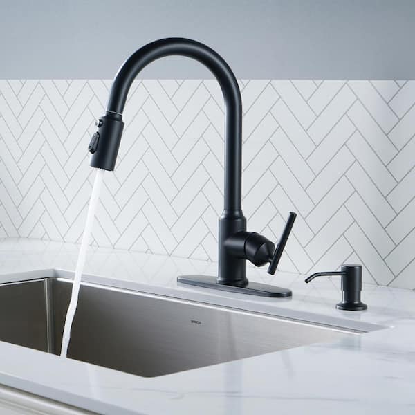 Single Handle Pull Down Sprayer Kitchen Faucet in Black, Stainless Steel Kitchen Faucet with Soap Dispenser