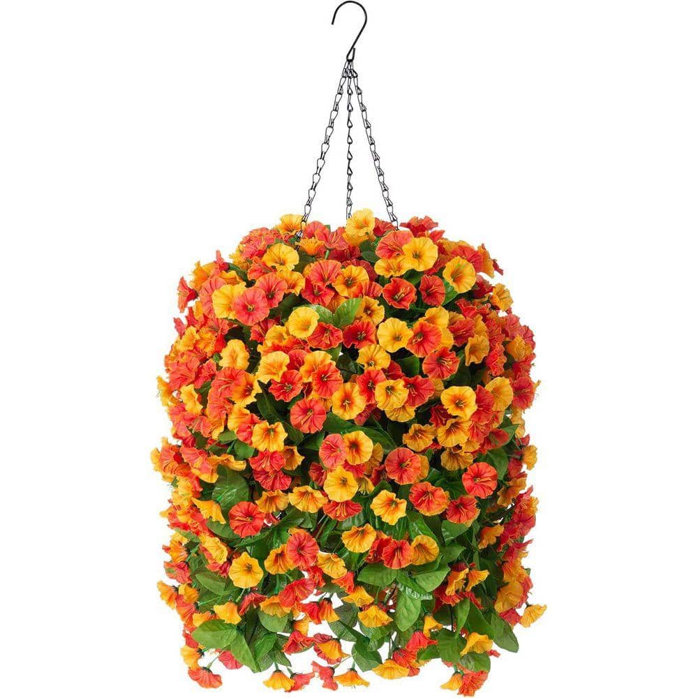 25 in. Orange Artificial Petunia Flowers with Hanging Baskets for