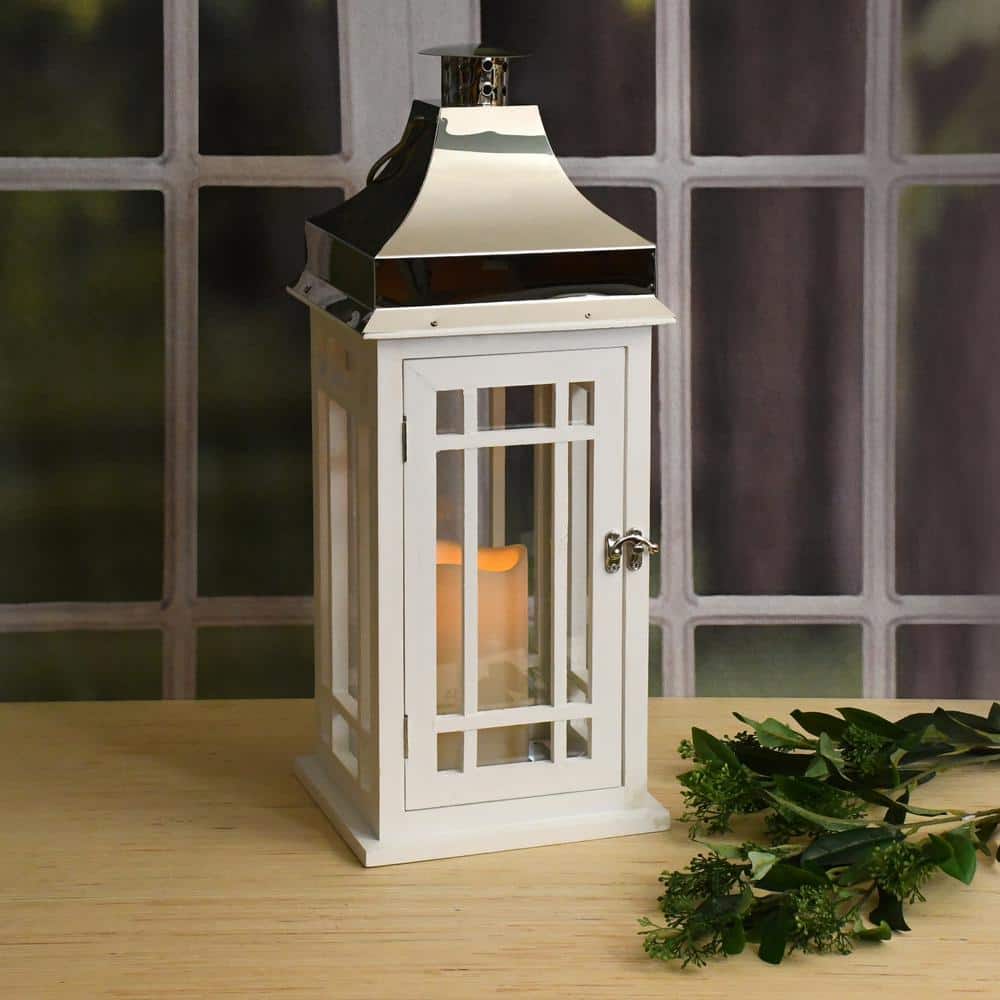 Elegant White Wood and Chrome LED Lantern, Flameless Ambient Light