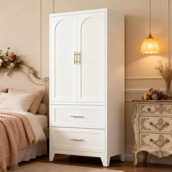 71" Tall White Storage Cabinet with 2 Drawers, Hanging Rod,2 Doors and Shelf for Bedroom,Bathroom,Laundry Room