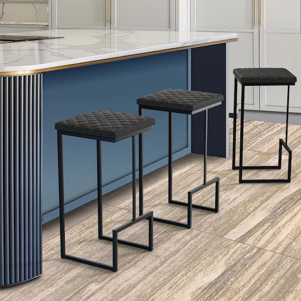 Quincy 29 in. Quilted Leather Bar Stool – Black Metal Frame with Footrest Counter Height Chair in Black